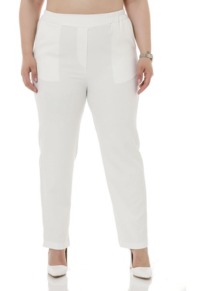 Büyük Beden Beli Yan ve Arkadan Lastikli Dar Paça Cepli Beyaz Pantolon