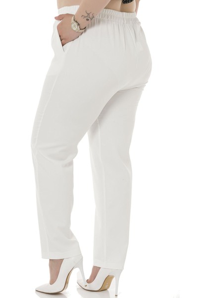 Büyük Beden Beli Yan ve Arkadan Lastikli Dar Paça Cepli Beyaz Pantolon modelleri
