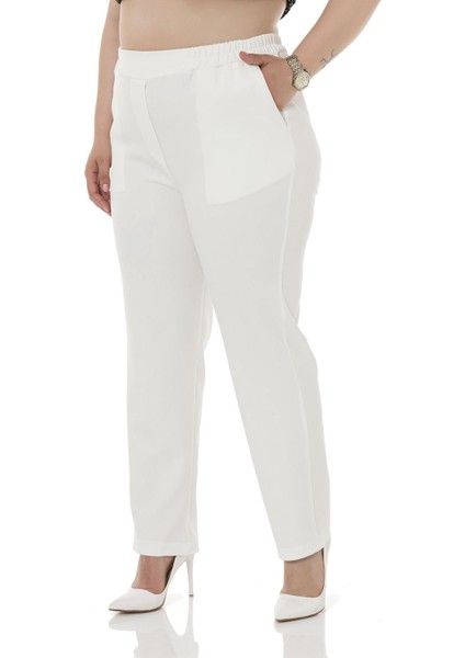 Büyük Beden Beli Yan ve Arkadan Lastikli Dar Paça Cepli Beyaz Pantolon indirimleri