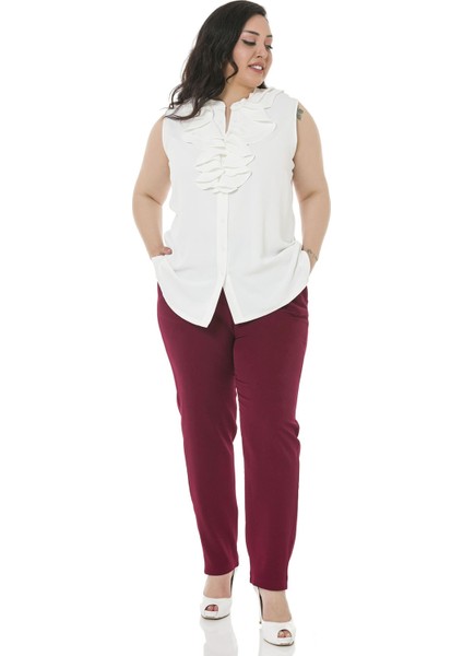 Büyük Beden Beli Yan ve Arkadan Lastikli Dar Paça Cepli Bordo Pantolon fiyatları