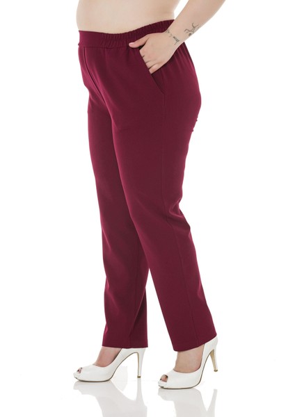 Büyük Beden Beli Yan ve Arkadan Lastikli Dar Paça Cepli Bordo Pantolon indirimleri