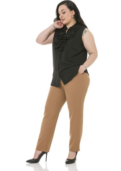 Büyük Beden Beli Yan ve Arkadan Lastikli Dar Paça Cepli Vizon Pantolon indirimleri