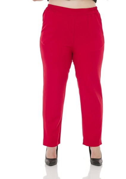 Büyük Beden Beli Yan ve Arkadan Lastikli Dar Paça Cepli Kırmızı Pantolon