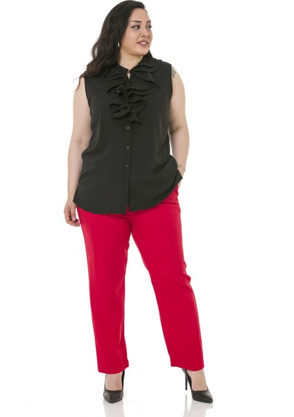 Büyük Beden Beli Yan ve Arkadan Lastikli Dar Paça Cepli Kırmızı Pantolon fiyatları