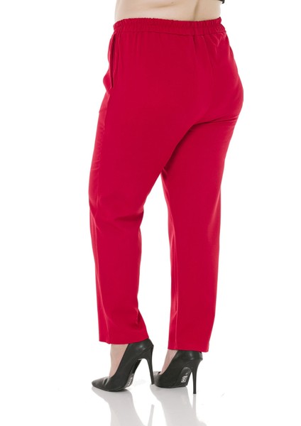 Büyük Beden Beli Yan ve Arkadan Lastikli Dar Paça Cepli Kırmızı Pantolon modelleri