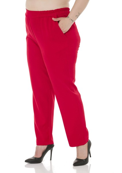 Büyük Beden Beli Yan ve Arkadan Lastikli Dar Paça Cepli Kırmızı Pantolon indirimleri