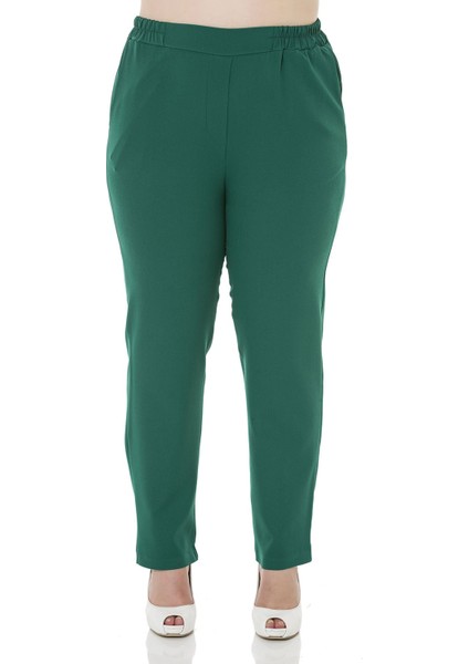 Büyük Beden Beli Yan ve Arkadan Lastikli Dar Paça Cepli Zümrüt Yeşili Pantolon