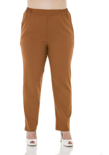 Büyük Beden Beli Yan ve Arkadan Lastikli Dar Paça Cepli Taba Pantolon