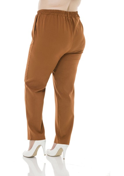 Büyük Beden Beli Yan ve Arkadan Lastikli Dar Paça Cepli Taba Pantolon modelleri