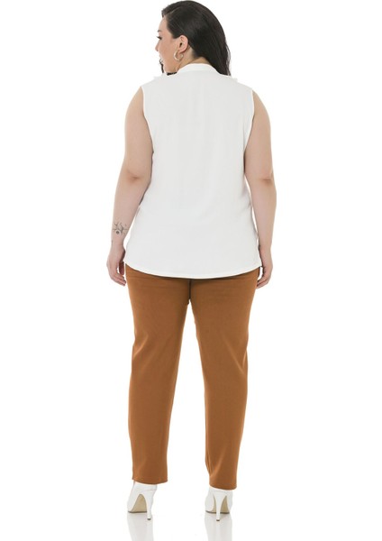 Büyük Beden Beli Yan ve Arkadan Lastikli Dar Paça Cepli Taba Pantolon fırsatları