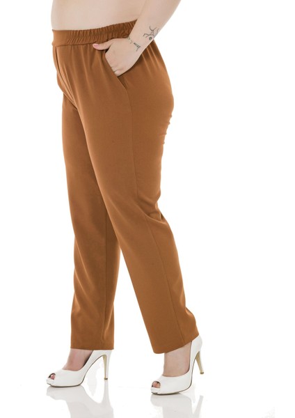 Büyük Beden Beli Yan ve Arkadan Lastikli Dar Paça Cepli Taba Pantolon indirimleri