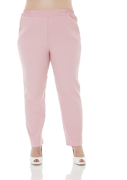 Büyük Beden Beli Yan ve Arkadan Lastikli Dar Paça Cepli Pudra Pantolon