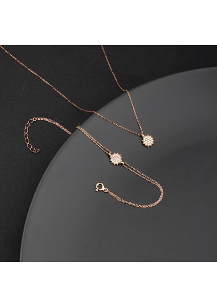 925 Ayar Gümüş Zirkon Taşlı Güneş Kolye Bileklik Takı Seti