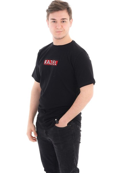 Razıel Oversıze  Kabartma Işaret Baskılı Siyah T-Shirt