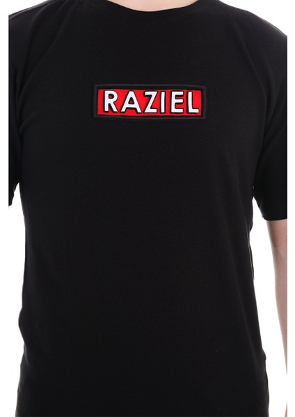 Razıel Oversıze  Kabartma Işaret Baskılı Siyah T-Shirt