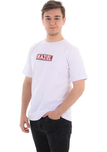 Razıel Oversıze  Kabartma Amblem Baskılı Beyaz T-Shirt