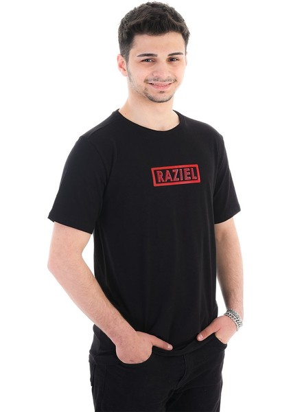 Razıel Oversıze  Çivili Amblem Baskılı Siyah T-Shirt