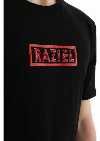 Razıel Oversıze  Çivili Amblem Baskılı Siyah T-Shirt