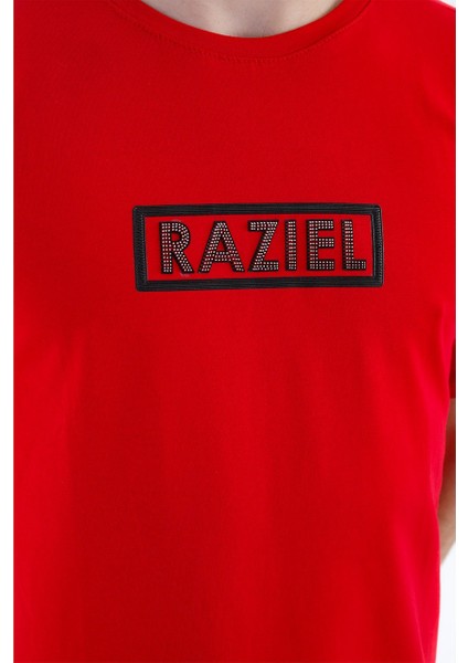 Razıel Oversıze  Çivili Amblem Baskılı Kırmızı T-Shirt