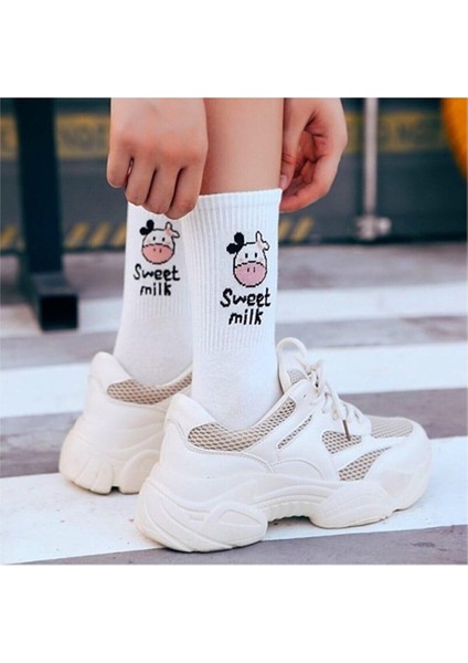 Meguca Socks Kadın Siyah Beyaz İnek Desenli Kolej Çorap Seti 5 Çift