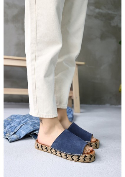 Pera Kot Mavi Hakiki Deri Kadın Espadril Terlik