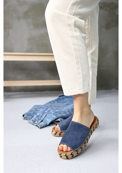 Pera Kot Mavi Hakiki Deri Kadın Espadril Terlik modelleri