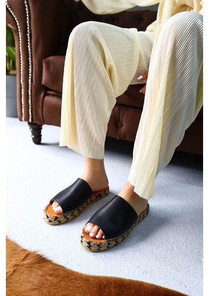 Pera Siyah Hakiki Deri Kadın Espadril Terlik fiyatları