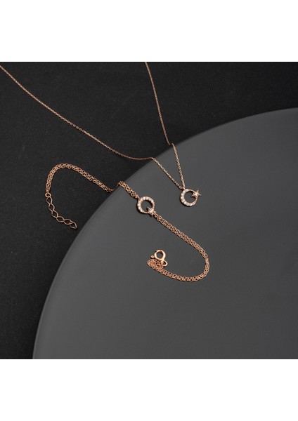 925 Ayar Gümüş Zirkon Taşlı Ay Yıldız Kolye Bileklik Takı Seti