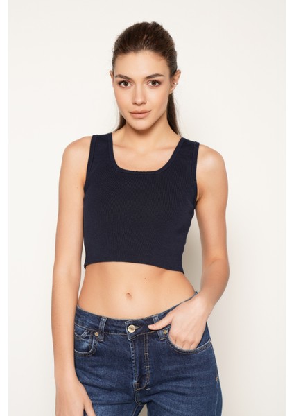Kadın LACİVERT %100 Organik Pamuk Likralı Crop Kare Yaka Triko Atlet Örme Bluz TRIST-6123
