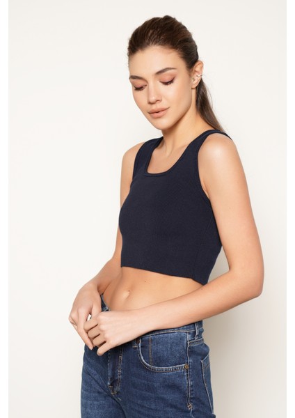 Kadın LACİVERT %100 Organik Pamuk Likralı Crop Kare Yaka Triko Atlet Örme Bluz TRIST-6123