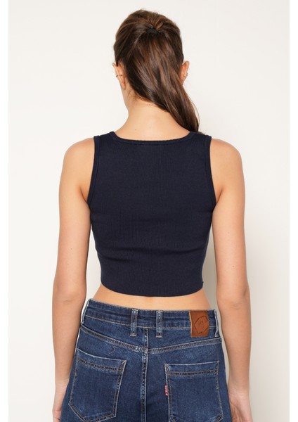 Kadın LACİVERT %100 Organik Pamuk Likralı Crop Kare Yaka Triko Atlet Örme Bluz TRIST-6123