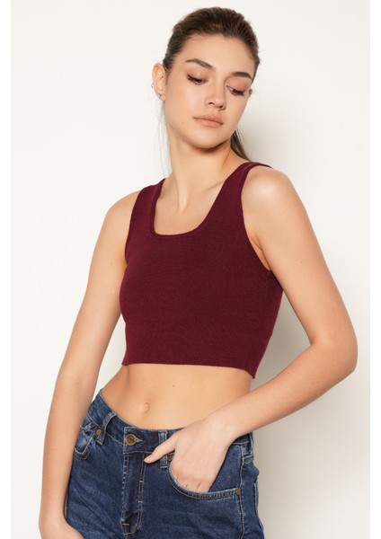 Kadın BORDO %100 Organik Pamuk Likralı Crop Kare Yaka Triko Atlet Örme Bluz TRIST-6123