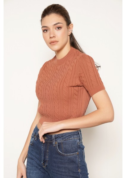 Kadın KIREMIT Organik Pamuk Saç Örgülü Bisiklet Yaka Kısa Kol Triko Örme Bluz