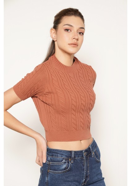 Kadın KIREMIT Organik Pamuk Saç Örgülü Bisiklet Yaka Kısa Kol Triko Örme Bluz fiyatları