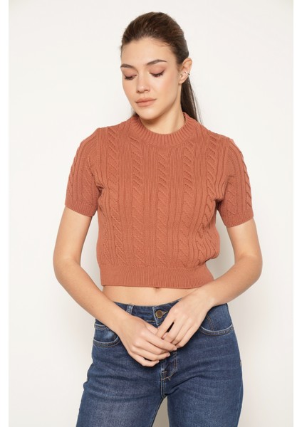 Kadın KIREMIT Organik Pamuk Saç Örgülü Bisiklet Yaka Kısa Kol Triko Örme Bluz modelleri