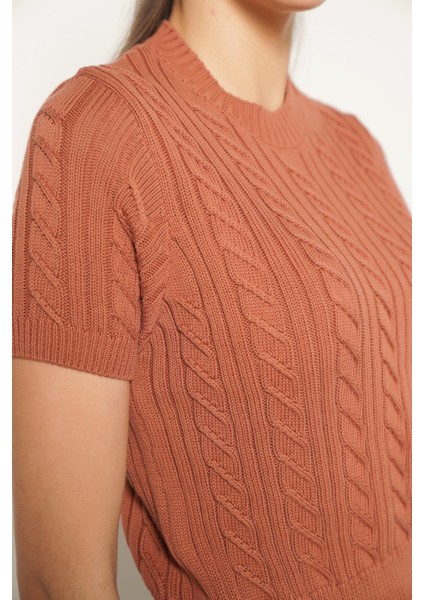 Kadın KIREMIT Organik Pamuk Saç Örgülü Bisiklet Yaka Kısa Kol Triko Örme Bluz fırsatları