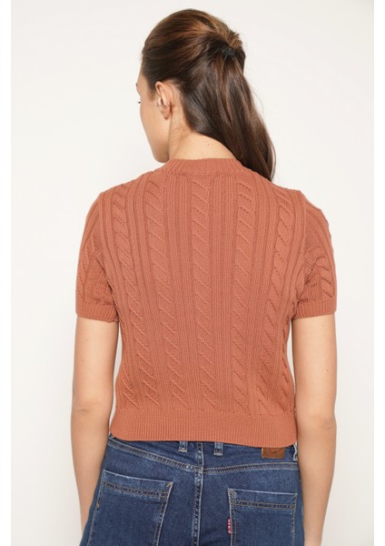 Kadın KIREMIT Organik Pamuk Saç Örgülü Bisiklet Yaka Kısa Kol Triko Örme Bluz indirimleri