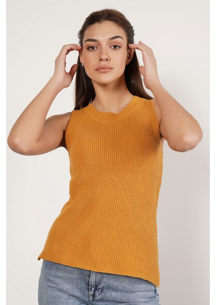 Kadın SARI %100 Organik Pamuk Selanik Örgü Yırtmaçlı Bisiklet Yaka Triko Süveter Bluz TRIST-6116