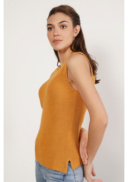 Kadın SARI %100 Organik Pamuk Selanik Örgü Yırtmaçlı Bisiklet Yaka Triko Süveter Bluz TRIST-6116 fiyatları