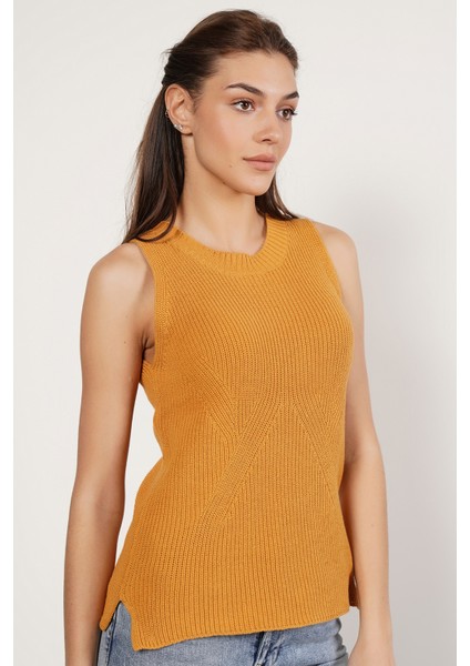 Kadın SARI %100 Organik Pamuk Selanik Örgü Yırtmaçlı Bisiklet Yaka Triko Süveter Bluz TRIST-6116 modelleri