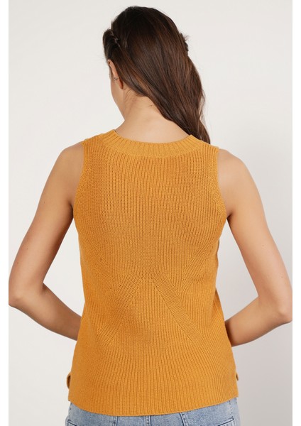 Kadın SARI %100 Organik Pamuk Selanik Örgü Yırtmaçlı Bisiklet Yaka Triko Süveter Bluz TRIST-6116 indirimleri