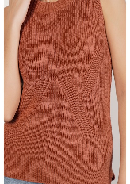 Kadın KİREMİT %100 Organik Pamuk Selanik Örgü Yırtmaçlı Bisiklet Yaka Triko Süveter Bluz TRIST-6116 fiyatları