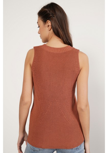 Kadın KİREMİT %100 Organik Pamuk Selanik Örgü Yırtmaçlı Bisiklet Yaka Triko Süveter Bluz TRIST-6116 modelleri