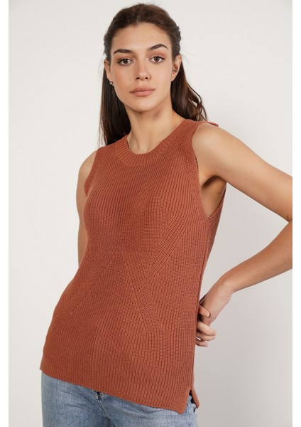 Kadın KİREMİT %100 Organik Pamuk Selanik Örgü Yırtmaçlı Bisiklet Yaka Triko Süveter Bluz TRIST-6116 indirimleri