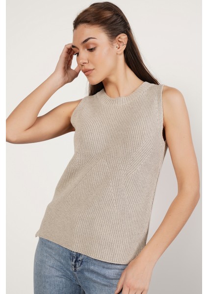 Kadın AÇIK GRİ %100 Organik Pamuk Selanik Örgü Yırtmaçlı Bisiklet Yaka Triko Süveter Bluz TRIST-6116