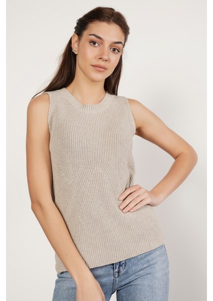 Kadın AÇIK GRİ %100 Organik Pamuk Selanik Örgü Yırtmaçlı Bisiklet Yaka Triko Süveter Bluz TRIST-6116 fiyatları