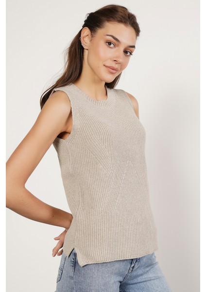 Kadın AÇIK GRİ %100 Organik Pamuk Selanik Örgü Yırtmaçlı Bisiklet Yaka Triko Süveter Bluz TRIST-6116 modelleri