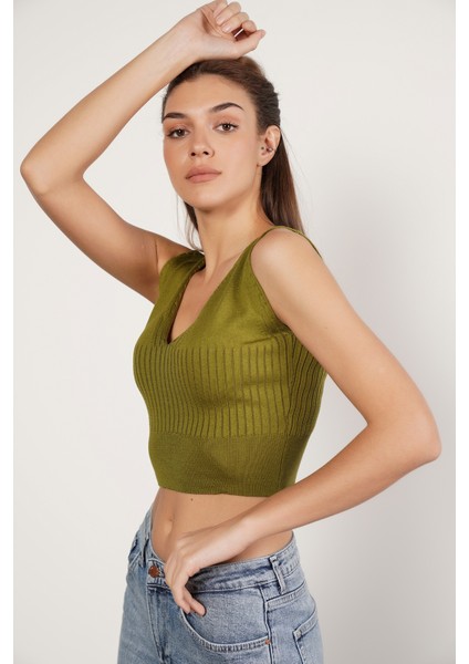Kadın OLIVE Organik Pamuk Likralı Crop Triko Atlet Örme Bluz TRIST-6109