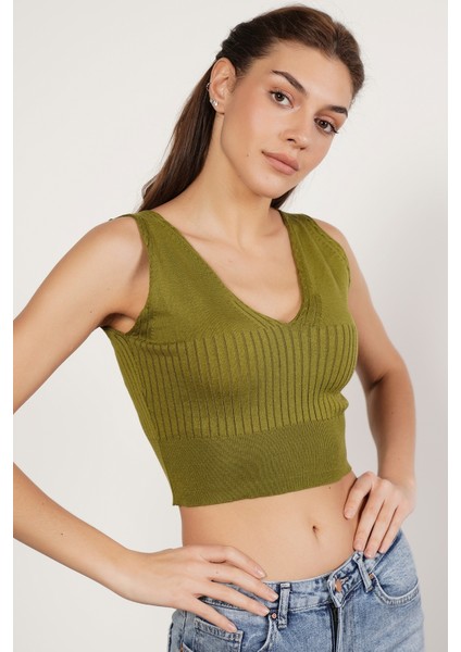 Kadın OLIVE Organik Pamuk Likralı Crop Triko Atlet Örme Bluz TRIST-6109