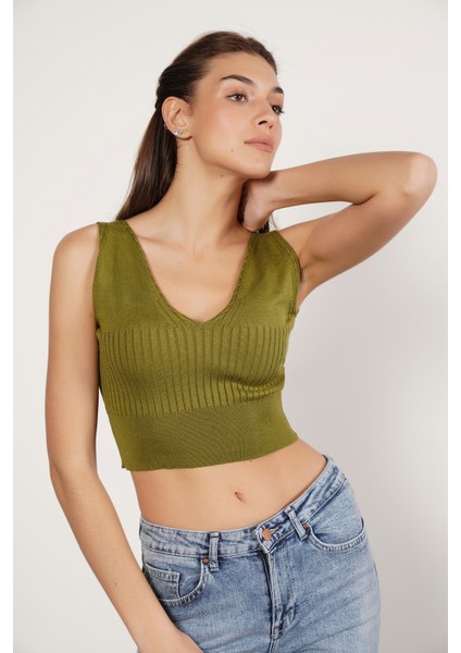 Kadın OLIVE Organik Pamuk Likralı Crop Triko Atlet Örme Bluz TRIST-6109
